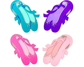 May include: Four pairs of ballet slippers arranged in a grid. The top left pair is bright turquoise, the top right is deep purple, the bottom left is vibrant hot pink, and the bottom right is soft pastel pink. Each pair features ribbons.