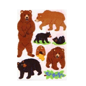 BEARS Maxi Fuzzy Sandylion Stickers 1 square VINTAGE Black Bear, Grizzly Bear, Honey