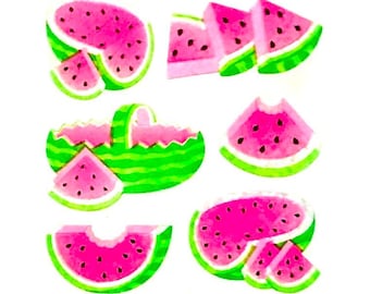 May include: Watercolor illustration of various watermelon slices and a watermelon basket. The watermelons are pink with black seeds and green rinds. The basket is green with pink watermelon inside.