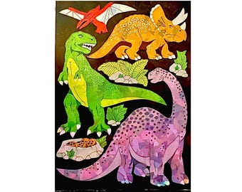 May include: A colorful sticker sheet featuring a red pterodactyl, a yellow triceratops, a green tyrannosaurus rex, and a purple long-necked dinosaur. The design includes small green plants, grey rocks, and a nest with three spotted eggs on a black background.