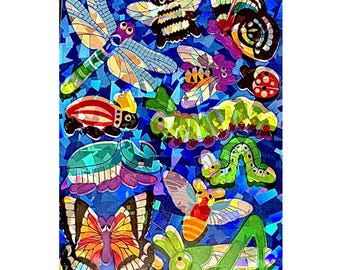 May include: A mosaic-style artwork featuring various insects including a dragonfly, bumblebee, butterflies, ladybug, caterpillar, beetle, and grasshopper. The insects are rendered in vibrant colors against a reflective, deep blue geometric background.