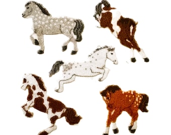 May include: Five embroidered horse patches in various poses. The horses are in shades of brown, white, and gray, with detailed manes and tails. The patches are on a white background.