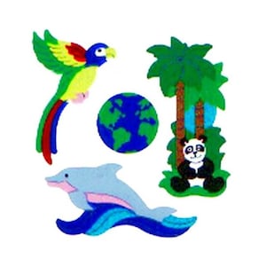 PAPAGEI, PANDA, DELFIN, Erdkugel Mylar Save the World Sandylion Aufkleber - 1 quadratischer seltener Vintage