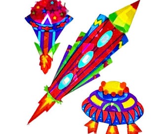 May include: Three colorful felt spaceship toys. A red and yellow rocket with a blue and green flame, a blue and purple spaceship with a yellow top and red flames, and a pink and blue spaceship with a red and yellow flame.