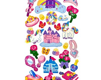 May include: A sticker sheet featuring colorful illustrations of two castles, two unicorns, a star wand, a tiara, a mirror, a hairbrush, a glass slipper on a pillow, a diary, a perfume bottle, a necklace, and various floral and butterfly motifs.