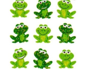 May include: Nine green frog stickers with smiling faces and white eyes are arranged in a grid on a white background. The frogs have varying shades of green and are in a sitting position with their legs spread out.