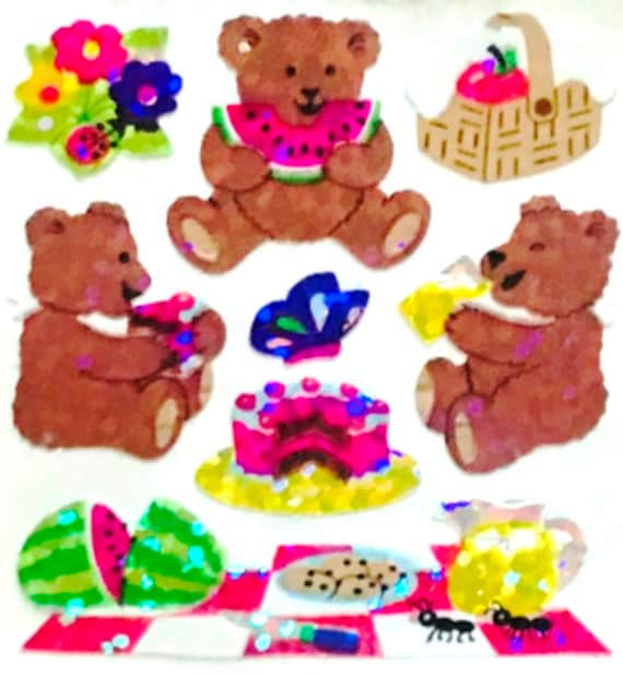 TEDDY BEAR PICNIC Glittery Sandylion Stickers 1 Square **rare