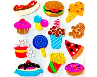 JUNK FOOD Sandylion Stickers 1 square Rare  Vintage pizza, french fries, hot dog, hanburger, soda, donut, candy, ice cream