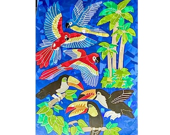 May include: A vibrant mosaic-style artwork featuring two red and blue macaws in flight, three toucans perched on branches, and green palm trees against a deep blue background. The image uses layered, translucent-looking shapes to create depth.