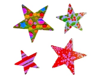 May include: Four star-shaped cutouts featuring distinct patterns: one with a green background and colorful circles, one with green leaves and red berries, one with red and purple stripes, and one with a red background and pink snowflake designs.