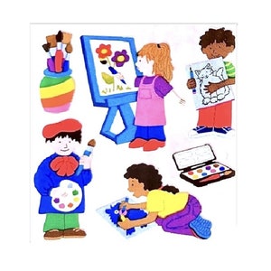 CHILDREN PAINTING Kromekote Sandylion Stickers - 1 square Rare Vintage