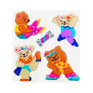 vintage TEDDY BEAR EXERCICE Aérobic Ballet Glittery Sandylion Stickers ** Rare **