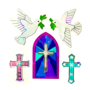 REIGIOUS CROSS DOVES Glasmalerei-Fenster-prismatische Sandylion-Aufkleber - 1 quadratischer Weinlese