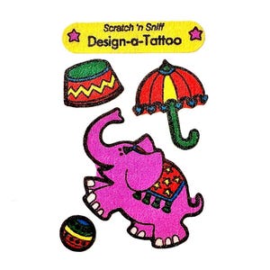 Pegatinas de elefante Sandylion de Scratch 'n Sniff Design-A-Tattoo - 1 cuadrado vintage raro
