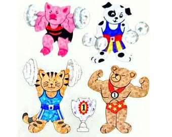 ANIMALS WEIGHT TRAINING Glittery Sandylion Stickers - 1 sq   **Vintage**
