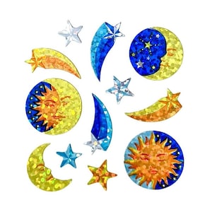 Stickers ÉTOILES SOLEIL LUNE scintillants ** 1 carré ** Rare