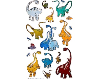 May include: A sticker sheet featuring various cartoon dinosaurs in shades of blue, yellow, orange, green, and dark red. The illustrations include long-necked sauropods, smaller dinosaurs, a volcanic eruption, and blue dragonflies on a white background.