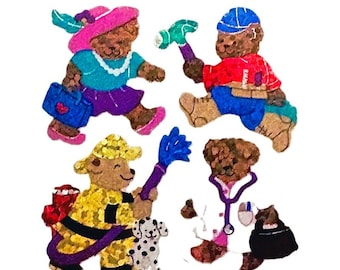 May include: Four brown teddy bear stickers featuring different outfits and accessories: one in a pink hat and blue top, one in a blue cap holding a hammer, one in a yellow firefighter suit with a dalmatian, and one in a white coat with a stethoscope.