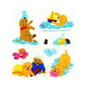 PUPPY DOGS in BATHTUB Kromekote Sandylion Stickers  1 square