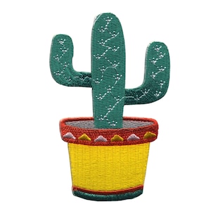 May include: A green cactus with three arms in a yellow pot with a red and white rim. The pot has a decorative pattern around the top.