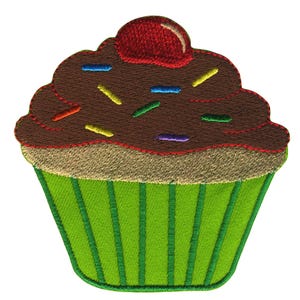 May include: Embroidered patch of a cupcake with chocolate icing, colourful sprinkles, and a red cherry. The green cupcake case has vertical stripes. The patch has a textured appearance.