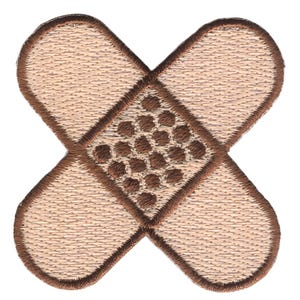 Könnte beinhalten: Ein brauner gestickter Aufnäher in Form eines Verbandes mit einem braunen gestickten Design in der Mitte.