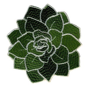 May include: A green embroidered succulent patch with white stitching. The patch is shaped like a flower with multiple layers of petals.