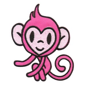 May include: Pink embroidered iron-on patch of a cartoon monkey with a heart-shaped face and a curled tail.