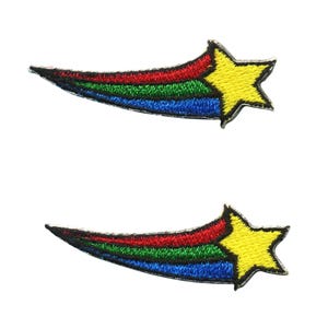 May include: Two colorful embroidered iron-on patches in the shape of a shooting star with a yellow star at the end. The patches are red, green, and blue.