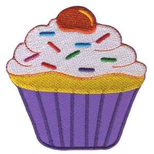 May include: Purple cupcake with yellow icing and colourful sprinkles. The cupcake has a red cherry on top.