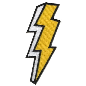 Op de afbeelding: Geel en wit bliksemvormig strijk-op-patch.