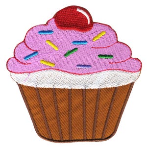 May include: A pink cupcake with white icing and a red cherry on top. The cupcake is decorated with colourful sprinkles.