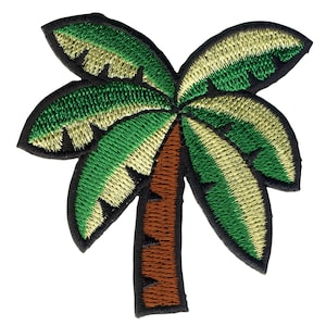May include: An embroidered palm tree patch in green and brown. The palm tree has a brown trunk and green leaves with a yellow stripe pattern.