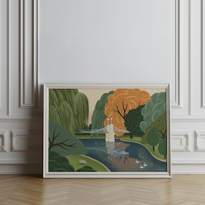 Boston Public Garden Art Print Illustration Greenery Trees Wall Decor Park Landscape Wall Art for Home Decor Gift Autumn Art Print