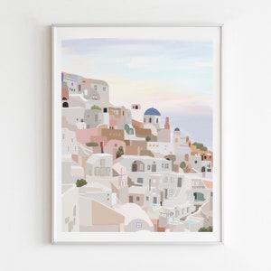 Santorini Art Print, Summer Illustration, Greece Wall Decor, Santorini Wall Art, European Architecture, Coastal Illustration