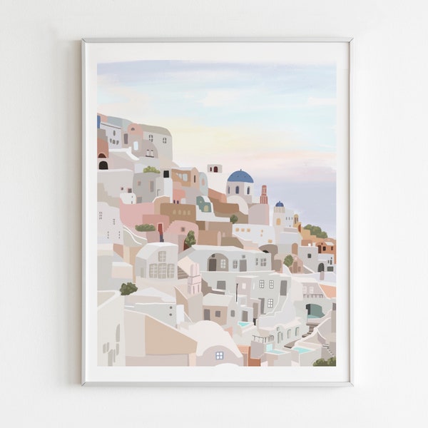 Santorini Art Print, Summer Illustration, Greece Wall Decor, Santorini Wall Art, European Architecture, Coastal Illustration