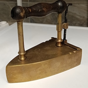 Vintage Brass Iron Slug Box Sad Antique Metal Iron with wooden hand