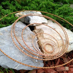 Pode incluir: Uma escultura de arame em espiral de cor de cobre repousa sobre uma rocha cinzenta, com folhagem verde ao fundo. O arame é torcido, criando uma textura semelhante a uma corda. O design da escultura assemelha-se a uma concha de nautilus.