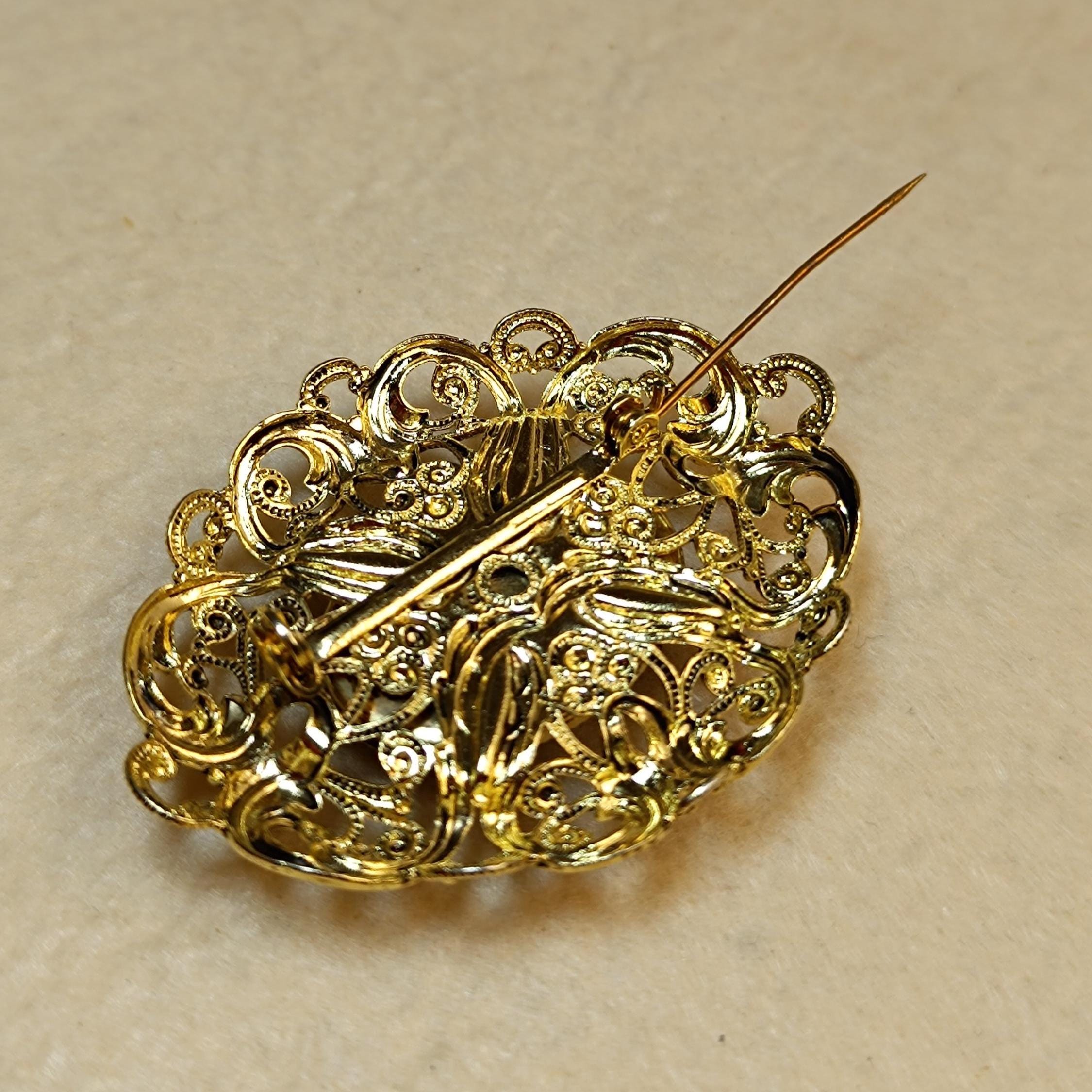 Broche Vintage En Métal Doré Et Onyx - Belle Qualité, Occasion