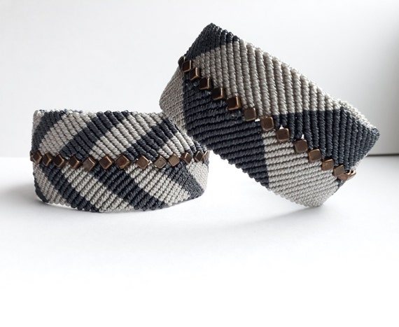 Macrame Bracelet Wide Strip Thin Strips Silver-gray Deep-gray | Etsy