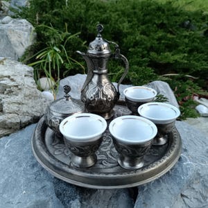Vintage Balcan Coffe set four metal cup holder Coffe pot, Serving tray , Sugar bowl Yugoslavia 1950-70s Hammered Metal by Zlatar Saraevo