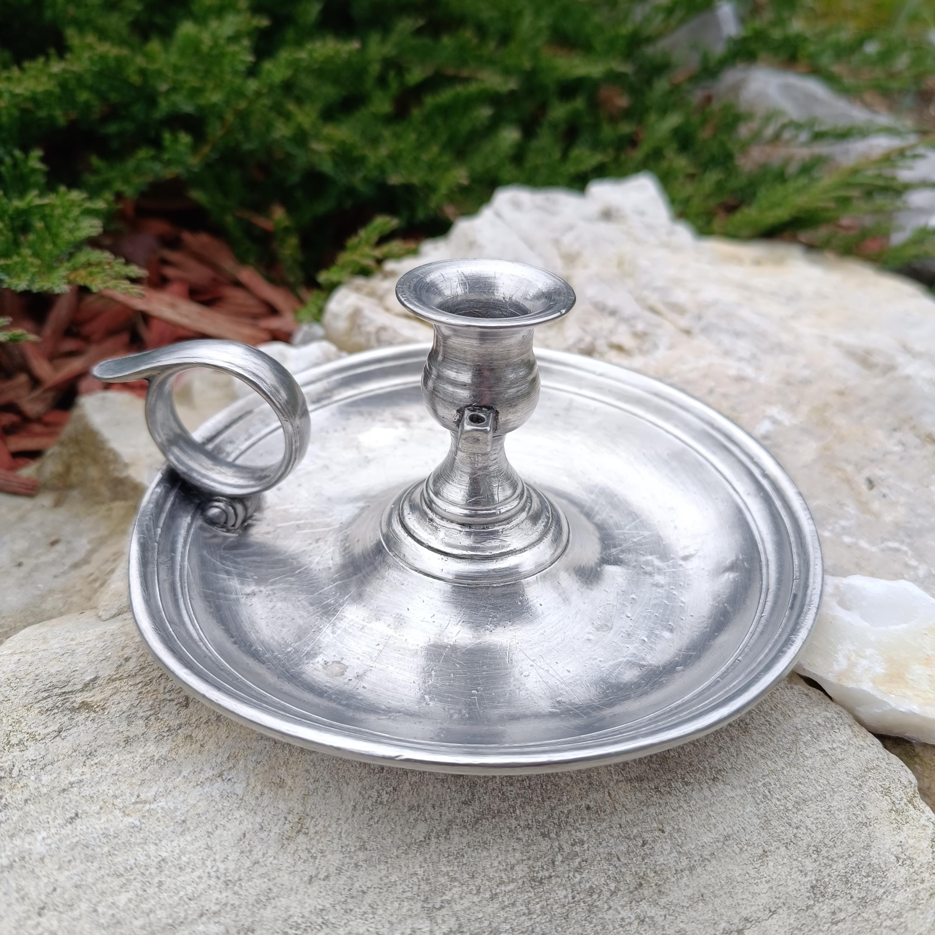 Vintage Pewter German Handled Candleholder 6.2 Inches Diameter
