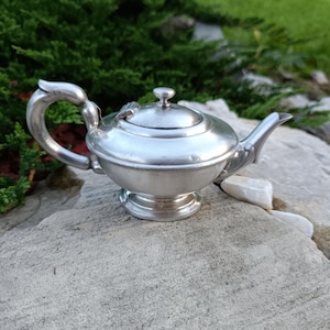 Op de afbeelding: Kleine, zilverkleurige theepot met een gebogen handvat en tuit. De theepot heeft een deksel met een kleine knop en staat op een voetstuk. De theepot is gemaakt van metaal en heeft een glanzende afwerking. De achtergrond is wazig met groen gebladerte.