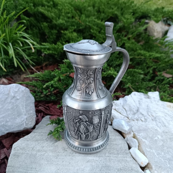 Vintage Germany SKS Zinn Pewter Pitcher With Hingen Lid Featuring