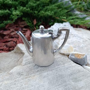Puede incluir: Una pequeña tetera plateada con un pico curvo, un asa y una tapa con un pequeño pomo. La tetera es de metal y tiene un acabado brillante. La tetera está sobre una roca gris.