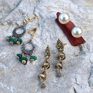 Vintage collection of Earrings and Clip-on Earings Faun Pearl, malachite beads, ethnic Gold tone filigree non-precious metal several options