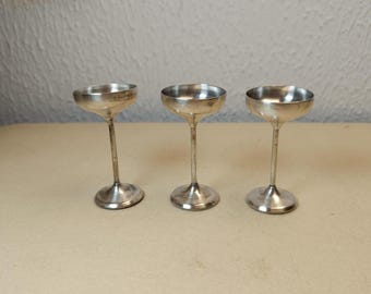 Set of 3 Vintage Silver Metal Liquor Goblets Pewter Cupronickel Goblets Cup