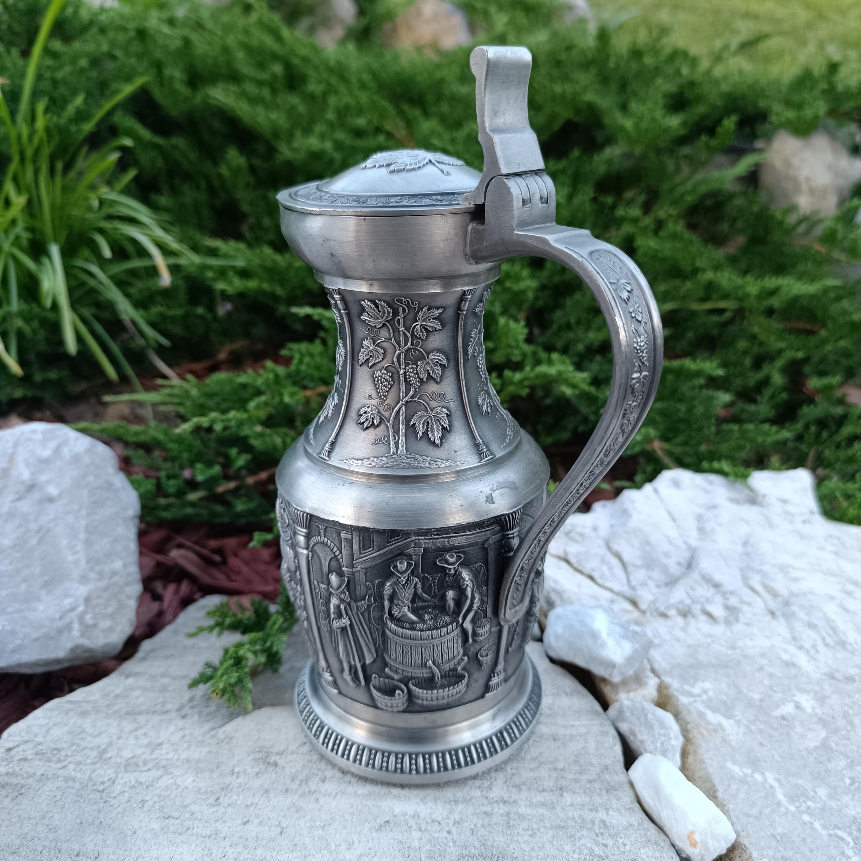 Vintage Germany SKS Zinn Pewter Pitcher With Hingen Lid Featuring