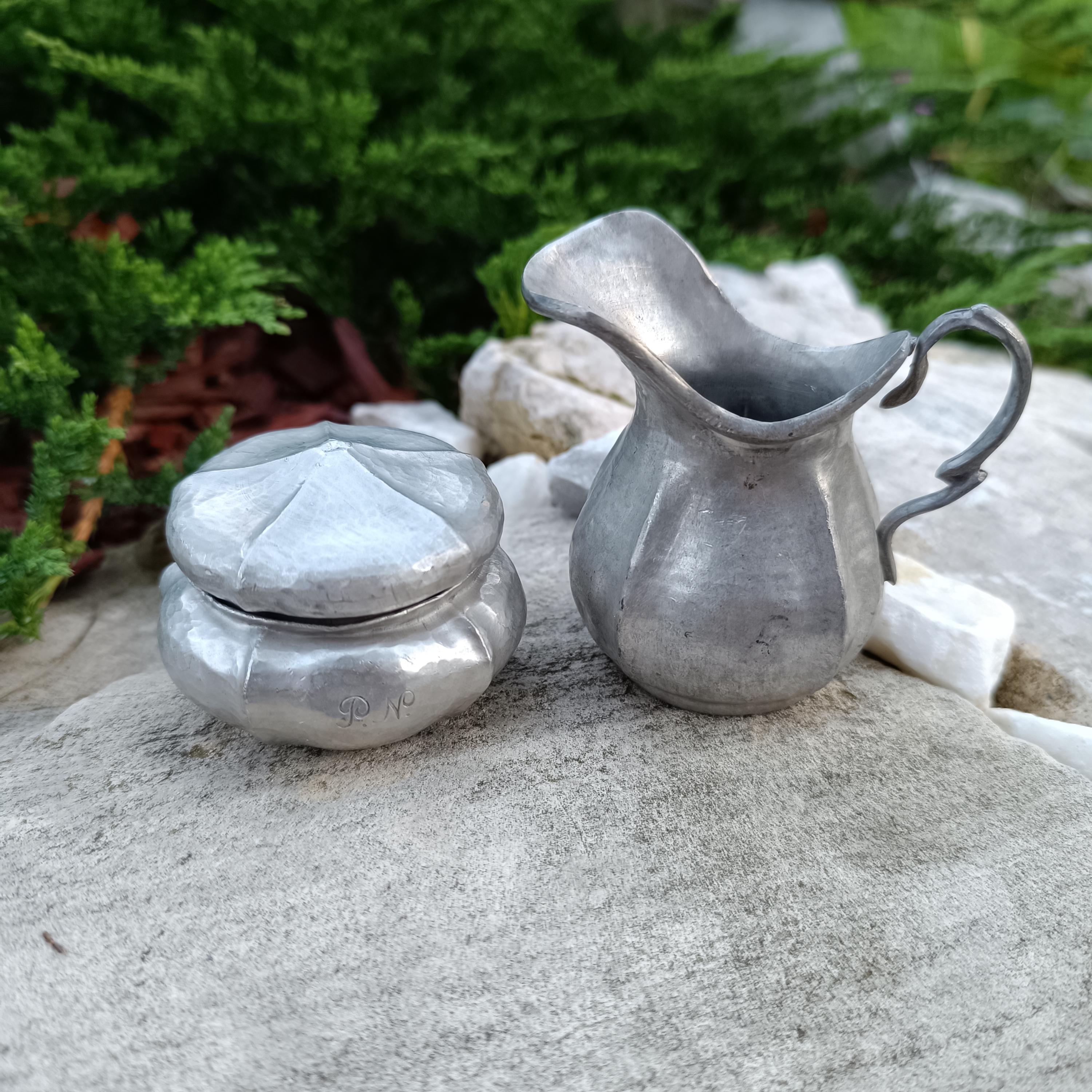 Vintage Italian Set Pewter Creamer Jug and Leaded Sugar Bowl