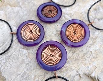 Copper Coil Spirals Energy Amplifier 3,5 cm 1.5 inches Purple Agate Crystal Ring Pendant, Copper Gemstone Pendant Necklace Copper Energy